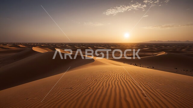 المساحات الواسعة في صحاري المملكة العربية السعودية, منظر غروب الشمس على الرمال الذهبية الناعمة, البيئة الصحراوية الجافة في الصحراء, التشكيلات والتلال والكثبان الرملية الكثيفة