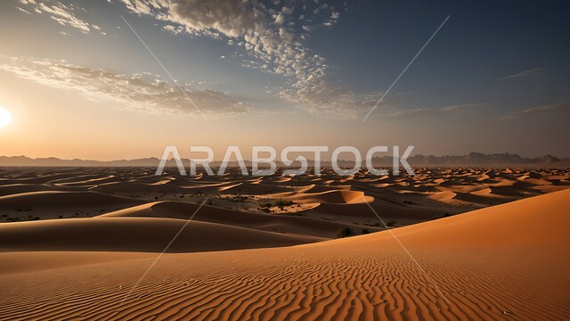 التشكيلات والتلال والكثبان الرملية الكثيفة, المساحات الواسعة في صحاري المملكة العربية السعودية, منظر غروب الشمس على الرمال الذهبية الناعمة, البيئة الصحراوية الجافة في الصحراء