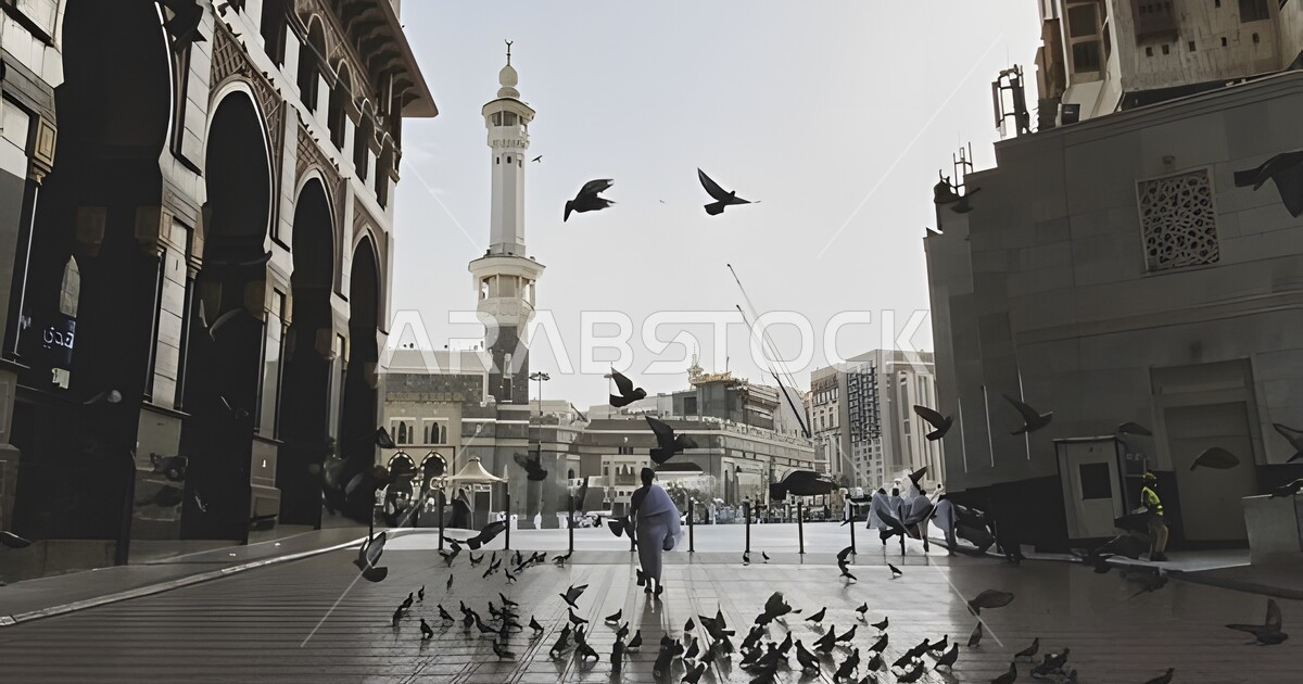 منظر الحمامات والطيور في الفناء الخارجي، مآذن المسجد النبوي الشريف في ...
