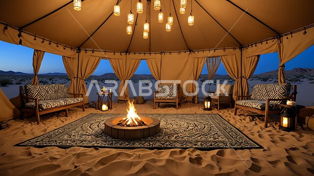 التضاريس والرمال الذهبية الناعمة في وقت الليل، التخييم في صحاري المملكة العربية السعودية, مخيمات سياحية في المناطق البرية, كشتة و جلسة بر شبابية, خيمة بدوية شعبية مضاءة بالفوانيس أمام شعلى الحطب وسط الصحراء