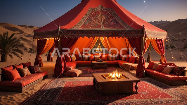 كشتة و جلسة بر شبابية, خيمة بدوية شعبية مضاءة بالفوانيس أمام شعلى الحطب وسط الصحراء, التضاريس والرمال الذهبية الناعمة في وقت الليل, التخييم في صحاري المملكة العربية السعودية, مخيمات سياحية في المناطق البرية