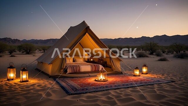 التضاريس والرمال الذهبية الناعمة في وقت الليل، التخييم في صحاري المملكة العربية السعودية, مخيمات سياحية في المناطق البرية, كشتة و جلسة بر شبابية, خيمة بدوية شعبية مضاءة بالفوانيس أمام شعلى الحطب وسط الصحراء