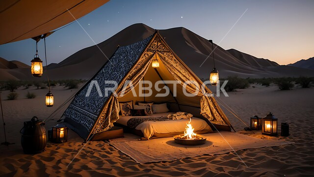خيمة بدوية شعبية مضاءة بالفوانيس أمام شعلى الحطب وسط الصحراء، التضاريس والرمال الذهبية الناعمة في وقت الليل، التخييم في صحاري المملكة العربية السعودية, مخيمات سياحية في المناطق البرية, كشتة و جلسة بر شبابية