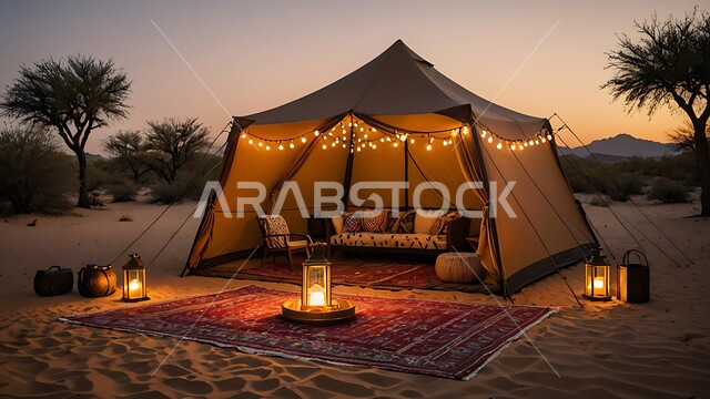 كشتة و جلسة بر شبابية, خيمة بدوية شعبية مضاءة بالفوانيس أمام شعلى الحطب وسط الصحراء, التضاريس والرمال الذهبية الناعمة في وقت الليل, التخييم في صحاري المملكة العربية السعودية, مخيمات سياحية في المناطق البرية