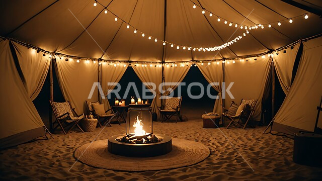 التضاريس والرمال الذهبية الناعمة في وقت الليل، التخييم في صحاري المملكة العربية السعودية, مخيمات سياحية في المناطق البرية, كشتة و جلسة بر شبابية, خيمة بدوية شعبية مضاءة بالفوانيس أمام شعلى الحطب وسط الصحراء