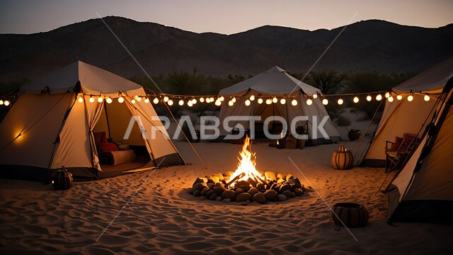 خيمة بدوية شعبية مضاءة بالفوانيس أمام شعلى الحطب وسط الصحراء، التضاريس والرمال الذهبية الناعمة في وقت الليل، التخييم في صحاري المملكة العربية السعودية, مخيمات سياحية في المناطق البرية, كشتة و جلسة بر شبابية