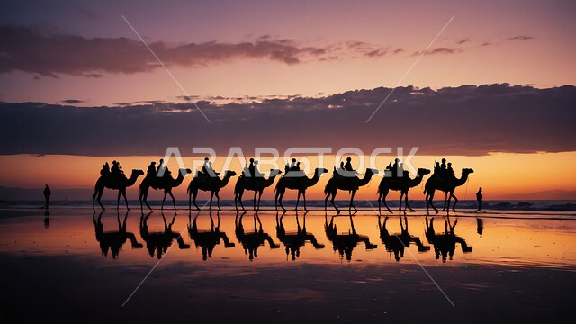 تربية و رعاية الثدييات في المحميات الطبيعية, مزارع للاهتمام بحيوانات الركوب, قافلة من الجمال تسير في وقت غروب الشمس, منظر انعكاس الناقة على مياه البحيرة
