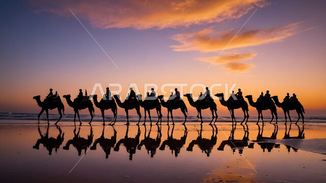 منظر انعكاس الناقة على مياه البحيرة, تربية و رعاية الثدييات في المحميات الطبيعية, مزارع للاهتمام بحيوانات الركوب, قافلة من الجمال تسير في وقت غروب الشمس