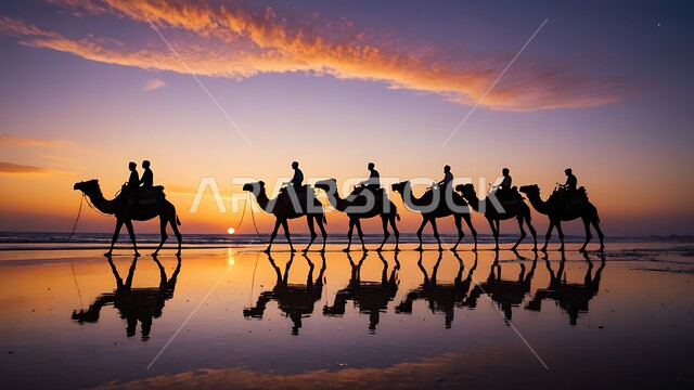 قافلة من الجمال تسير في وقت غروب الشمس, منظر انعكاس الناقة على مياه البحيرة, تربية و رعاية الثدييات في المحميات الطبيعية, مزارع للاهتمام بحيوانات الركوب