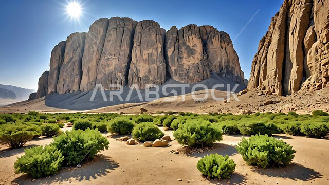 التشكيلات و التضاريس الصخرية و الرملية في المناطق الصحراوية, منظر الرمال الذهبية الناعمة, نمو النباتات الشوكية في الصحاري, المساحات و الأراضي الواسعة في صحراء الممكلة العربية السعودية