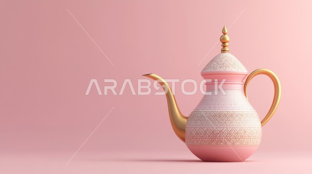 Hot drinks serving art, 3D model of a golden coffee pot, hospitality and warm welcome in Saudi Arabia, old traditional customs in the Arabian Gulf, yellow background