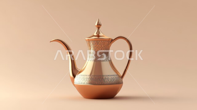 فنون تقديم المشروبات الساخنة، مجسم ثلاثي الابعاد لإبريق قهوة مزخرف ذهبي اللون, حسن الضيافه وكرم الاستقبال في المملكة العربية السعودية، العادات التقليدية القديمة في الخليج العربي, خلفية بيج