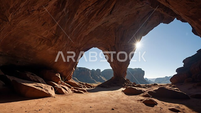 Peaks and heights in mountainous areas, ancient archaeological cave, view of soft golden sand under the sun, ancient historical monuments in Saudi Arabia, terrain and rock formations in the mountains