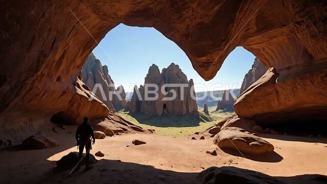 التضاريس والتكوينات الصخرية في الجبال، القمم والمرتفعات في المناطق الجبلية، كهف أثري قديم, منظر الرمال الذهبية الناعمة تحت أشعة الشمس, المعالم التاريخية الأثرية القديمة في المملكة العربية السعودية