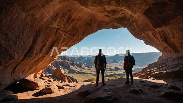 المعالم التاريخية الأثرية القديمة في المملكة العربية السعودية، التضاريس والتكوينات الصخرية في الجبال، القمم والمرتفعات في المناطق الجبلية، كهف أثري قديم, منظر الرمال الذهبية الناعمة تحت أشعة الشمس