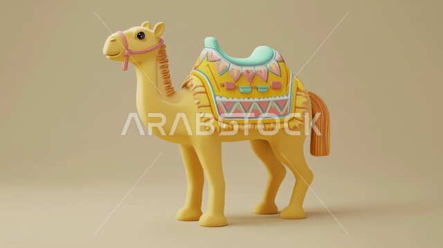 رسوم توضيحية لمجسم ثلاثي الابعاد لحيوان الجمل الملون، أضحية وقربان عيد الاضحى المبارك، أعياد دينيه إسلاميه, الرعاية والاهتمام بالمواشي والحيوانات, وسائل التنقل في الزمن القديم, خلفية بيج