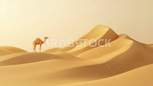 رسوم توضيحية لمجسم ثلاثي الابعاد لحيوان الجمل في الصحراء، أضحية وقربان عيد الاضحى المبارك، أعياد دينيه إسلاميه, الرعاية والاهتمام بالمواشي والحيوانات, وسائل التنقل في الزمن القديم, الرمال الذهبية الناعمة