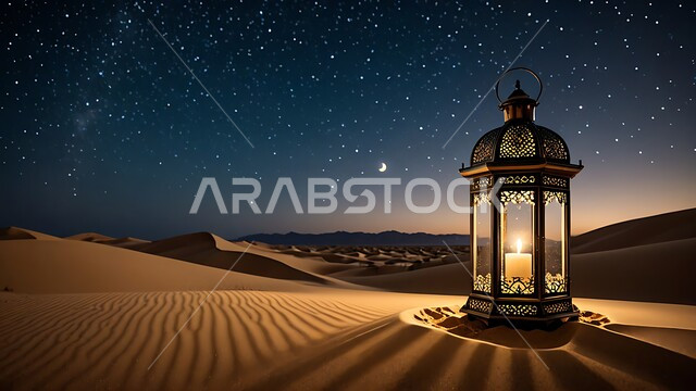 Decorations and lighting for religious holidays and occasions, preparing to welcome the holy month of Ramadan, a decorated metal lantern illuminated in the middle of the sand, sand dunes and desert environment in the wilderness areas of the Kingdom of Saudi Arabia, a view of the starry sky at night