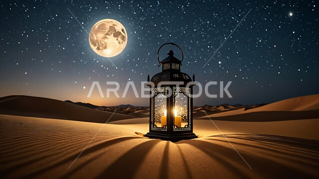 Decorative metal lantern illuminated in the sand, sand dunes and desert environment in the wilderness areas of the Kingdom of Saudi Arabia, preparing to receive the holy month of Ramadan, lighting and decoration of religious holidays and occasions, the full moon shining in the starry sky at night