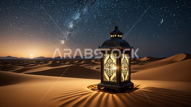 Decorations and lighting for religious holidays and occasions, preparing to welcome the holy month of Ramadan, a decorated metal lantern illuminated in the middle of the sand, sand dunes and desert environment in the wilderness areas of the Kingdom of Saudi Arabia, a view of the starry sky at night