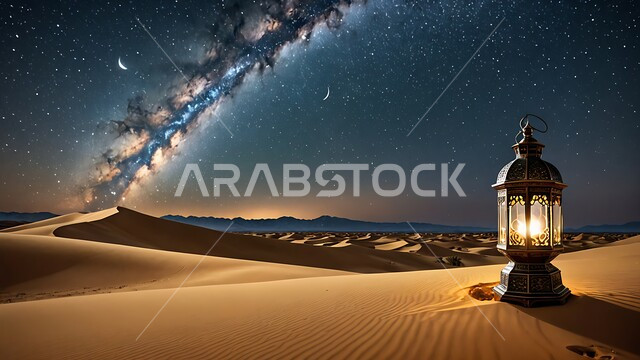 زينة و إضاءة الاعياد والمناسبات الدينية، الاستعداد لاستقبال شهر رمضان المبارك، فانوس معدني مزخرف مضيء وسط الرمال، الكثبان الرملية والبيئة الصحراوية في المناطق البرية في المملكة العربية السعودية, منظر السماء المليئة بالنجوم ليلا