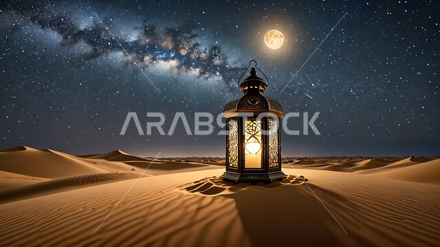 الاستعداد لاستقبال شهر رمضان المبارك، إضاءة  و زينة الاعياد والمناسبات الدينية، فانوس معدني مزخرف مضيء وسط الرمال، الكثبان الرملية والبيئة الصحراوية في المناطق البرية في المملكة العربية السعودية,  البدر المضيء في السماء المليئة بالنجوم ليلا