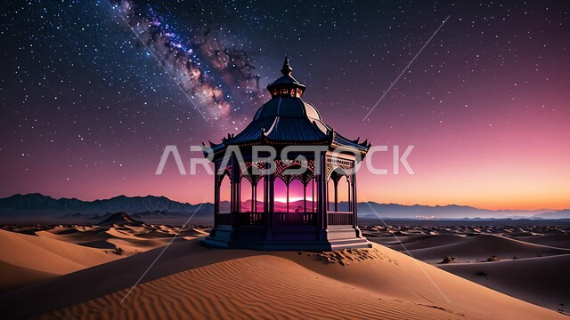 زينة و إضاءة الاعياد والمناسبات الدينية، الاستعداد لاستقبال شهر رمضان المبارك، فانوس معدني مزخرف مضيء وسط الرمال، الكثبان الرملية والبيئة الصحراوية في المناطق البرية في المملكة العربية السعودية, منظر السماء المليئة بالنجوم ليلا