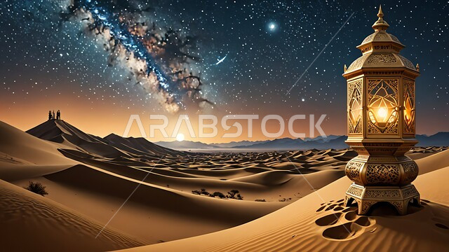 زينة و إضاءة الاعياد والمناسبات الدينية، الاستعداد لاستقبال شهر رمضان المبارك، فانوس معدني مزخرف مضيء وسط الرمال، الكثبان الرملية والبيئة الصحراوية في المناطق البرية في المملكة العربية السعودية, منظر السماء المليئة بالنجوم ليلا