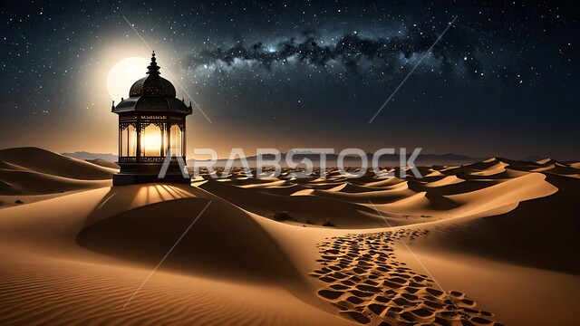 الاستعداد لاستقبال شهر رمضان المبارك، إضاءة  و زينة الاعياد والمناسبات الدينية، فانوس معدني مزخرف مضيء وسط الرمال، الكثبان الرملية والبيئة الصحراوية في المناطق البرية في المملكة العربية السعودية,  البدر المضيء في السماء المليئة بالنجوم ليلا