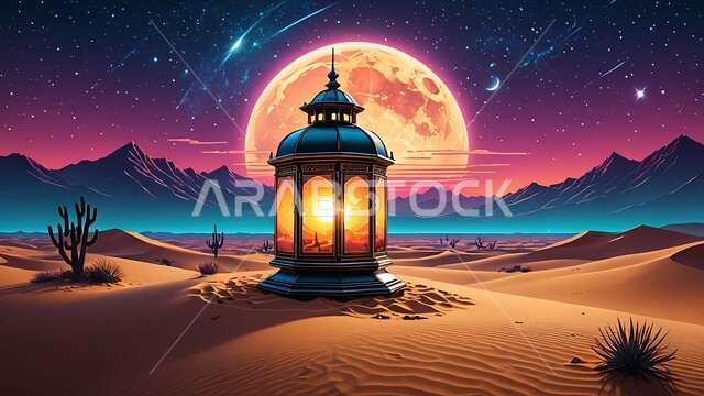 إضاءة  و زينة الاعياد والمناسبات الدينية، الاستعداد لاستقبال شهر رمضان المبارك، فانوس معدني مزخرف مضيء وسط الرمال، الكثبان الرملية والبيئة الصحراوية في المناطق البرية في المملكة العربية السعودية,  البدر المضيء في السماء المليئة بالنجوم ليلا