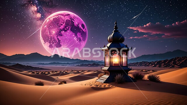 Lighting and decorations for religious holidays and occasions, preparing to welcome the holy month of Ramadan, a decorated metal lantern illuminated in the middle of the sand, sand dunes and desert environment in the wilderness areas of the Kingdom of Saudi Arabia, the full moon shining in the starry sky at night
