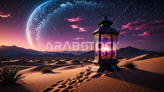 الكثبان الرملية والبيئة الصحراوية في المناطق البرية في المملكة العربية السعودية, فانوس معدني مزخرف مضيء وسط الرمال، الاستعداد لاستقبال شهر رمضان المبارك، إضاءة  و زينة الاعياد والمناسبات الدينية، السماء المليئة بالنجوم ليلا
