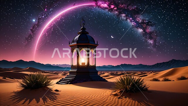 Sand dunes and desert environment in the wilderness areas of Saudi Arabia, a decorated metal lantern illuminated in the sand, preparation for the holy month of Ramadan, lighting and decorations for religious holidays and occasions, the sky full of stars at night