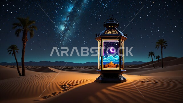 الكثبان الرملية والبيئة الصحراوية في المناطق البرية في المملكة العربية السعودية, فانوس معدني مزخرف مضيء وسط الرمال، الاستعداد لاستقبال شهر رمضان المبارك، إضاءة  و زينة الاعياد والمناسبات الدينية، السماء المليئة بالنجوم ليلا