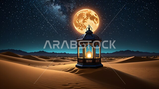 إضاءة  و زينة الاعياد والمناسبات الدينية، الاستعداد لاستقبال شهر رمضان المبارك، فانوس معدني مزخرف مضيء وسط الرمال، الكثبان الرملية والبيئة الصحراوية في المناطق البرية في المملكة العربية السعودية,  البدر المضيء في السماء المليئة بالنجوم ليلا