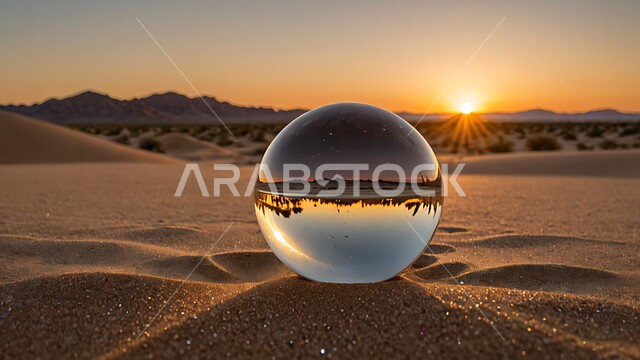 المساحات والأراضي الواسعة في المملكة العربية السعودية، التضاريس والمرتفعات الجبلية، كرة زجاجية تعكس الرمال الذهبية الناعمة في الصحراء، المناظر الطبيعية المتميزة, الكثبان الرملية في المناطق الصحراوية، خلفية الطبيعة