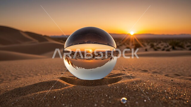 المساحات والأراضي الواسعة في المملكة العربية السعودية، التضاريس والمرتفعات الجبلية، كرة زجاجية تعكس الرمال الذهبية الناعمة في الصحراء، المناظر الطبيعية المتميزة, الكثبان الرملية في المناطق الصحراوية، خلفية الطبيعة