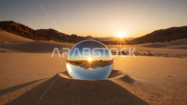 المساحات والأراضي الواسعة في المملكة العربية السعودية، التضاريس والمرتفعات الجبلية، كرة زجاجية تعكس الرمال الذهبية الناعمة في الصحراء، المناظر الطبيعية المتميزة, الكثبان الرملية في المناطق الصحراوية، خلفية الطبيعة