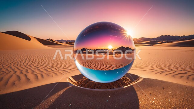 التضاريس والمرتفعات الجبلية، المساحات والأراضي الواسعة في المملكة العربية السعودية، كرة زجاجية تعكس الرمال الذهبية الناعمة في الصحراء، المناظر الطبيعية المتميزة, الكثبان الرملية في المناطق الصحراوية، خلفية الطبيعة