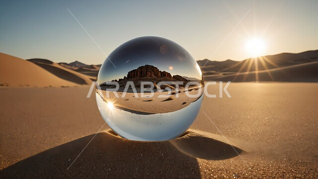 التضاريس والمرتفعات الجبلية، المساحات والأراضي الواسعة في المملكة العربية السعودية، كرة زجاجية تعكس الرمال الذهبية الناعمة في الصحراء، المناظر الطبيعية المتميزة, الكثبان الرملية في المناطق الصحراوية، خلفية الطبيعة