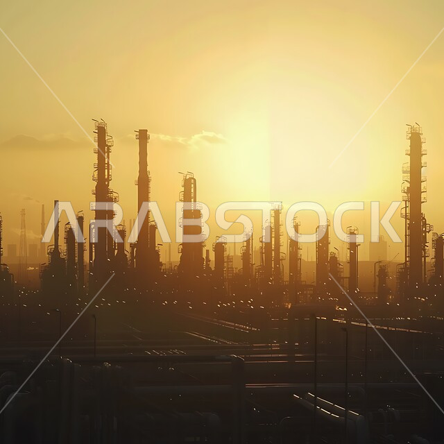 منظر المستودعات والخزانات الكبيرة والضخمة في وقت غروب الشمس, النهضة بالاقتصاد الوطني السعودي, مفهوم هندسة البترول في دول الخليج, صناعات ومشاريع بتروكيماوية، صورة ظليلية للمصانع ومعامل النفط في المملكة العربية السعودية, مصفاة تكرير الغاز