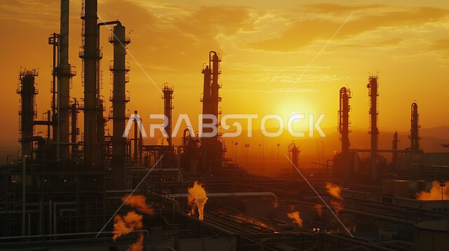 منظر المستودعات والخزانات الكبيرة والضخمة في وقت غروب الشمس, النهضة بالاقتصاد الوطني السعودي, مفهوم هندسة البترول في دول الخليج, صناعات ومشاريع بتروكيماوية، صورة ظليلية للمصانع ومعامل النفط في المملكة العربية السعودية, مصفاة تكرير الغاز