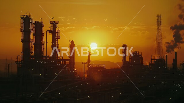 منظر المستودعات والخزانات الكبيرة والضخمة في وقت غروب الشمس, النهضة بالاقتصاد الوطني السعودي, مفهوم هندسة البترول في دول الخليج, صناعات ومشاريع بتروكيماوية، صورة ظليلية للمصانع ومعامل النفط في المملكة العربية السعودية, مصفاة تكرير الغاز