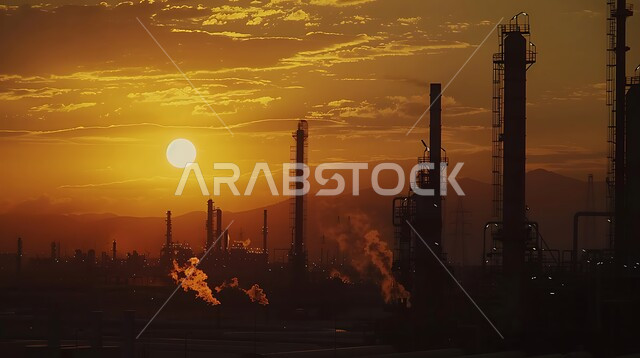منظر المستودعات والخزانات الكبيرة والضخمة في وقت غروب الشمس, النهضة بالاقتصاد الوطني السعودي, مفهوم هندسة البترول في دول الخليج, صناعات ومشاريع بتروكيماوية، صورة ظليلية للمصانع ومعامل النفط في المملكة العربية السعودية, مصفاة تكرير الغاز