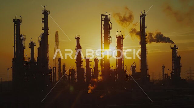 مفهوم هندسة البترول في دول الخليج, صناعات ومشاريع بتروكيماوية، منظر المستودعات والخزانات الكبيرة والضخمة في وقت غروب الشمس, صورة ظليلية للمصانع ومعامل النفط في المملكة العربية السعودية, النهضة بالاقتصاد الوطني السعودي, مصفاة تكرير الغاز