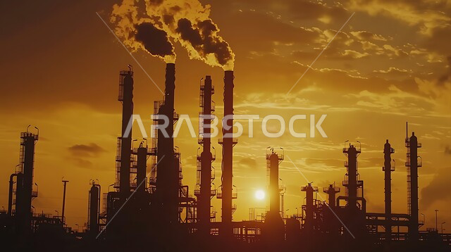 مفهوم هندسة البترول في دول الخليج, صناعات ومشاريع بتروكيماوية، منظر المستودعات والخزانات الكبيرة والضخمة في وقت غروب الشمس, صورة ظليلية للمصانع ومعامل النفط في المملكة العربية السعودية, النهضة بالاقتصاد الوطني السعودي, مصفاة تكرير الغاز