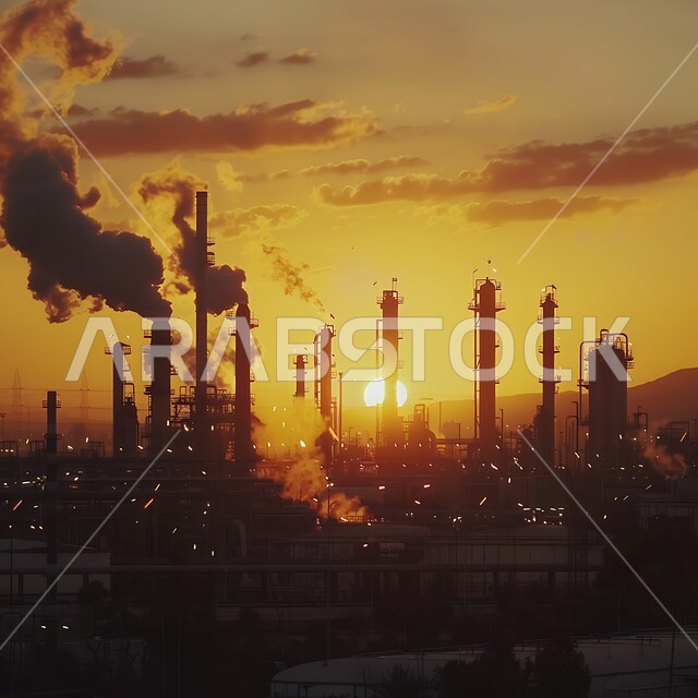 مفهوم هندسة البترول في دول الخليج, صناعات ومشاريع بتروكيماوية، منظر المستودعات والخزانات الكبيرة والضخمة في وقت غروب الشمس, صورة ظليلية للمصانع ومعامل النفط في المملكة العربية السعودية, النهضة بالاقتصاد الوطني السعودي, مصفاة تكرير الغاز