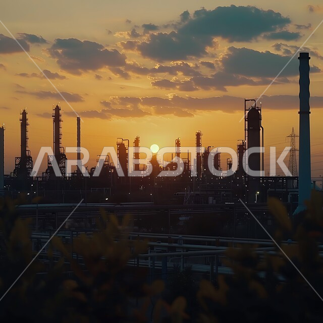 مفهوم هندسة البترول في دول الخليج, صناعات ومشاريع بتروكيماوية، منظر المستودعات والخزانات الكبيرة والضخمة في وقت غروب الشمس, صورة ظليلية للمصانع ومعامل النفط في المملكة العربية السعودية, النهضة بالاقتصاد الوطني السعودي, مصفاة تكرير الغاز