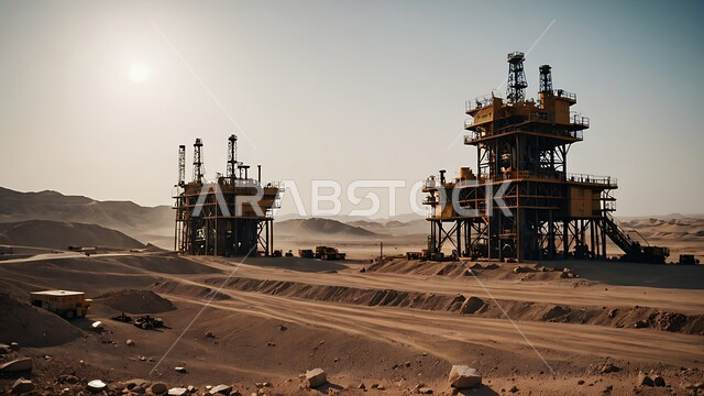 النهضة بالاقتصاد الوطني السعودي, الأبراج والهياكل المعدنية في الأراضي الصحراوية في وقت النهار, مستودعات وخزانات كبيرة وضخمة, صناعات ومشاريع بتروكيماوية، مفهوم هندسة البترول في دول الخليج, مصافي تكرير النفط والغاز, مصانع ومناجم الوقود في المملكة العربية السعودية
