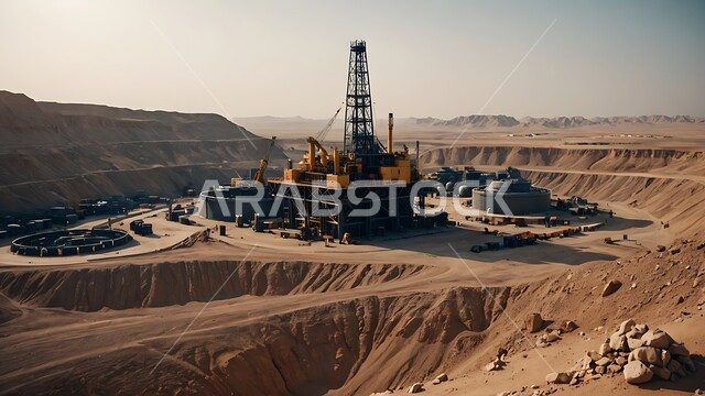 Towers and metal structures in desert lands during the day, the renaissance of the Saudi national economy, large and huge warehouses and tanks, petrochemical industries and projects, the concept of petroleum engineering in the Gulf countries, oil and gas refineries, fuel factories and mines in the Kingdom of Saudi Arabia